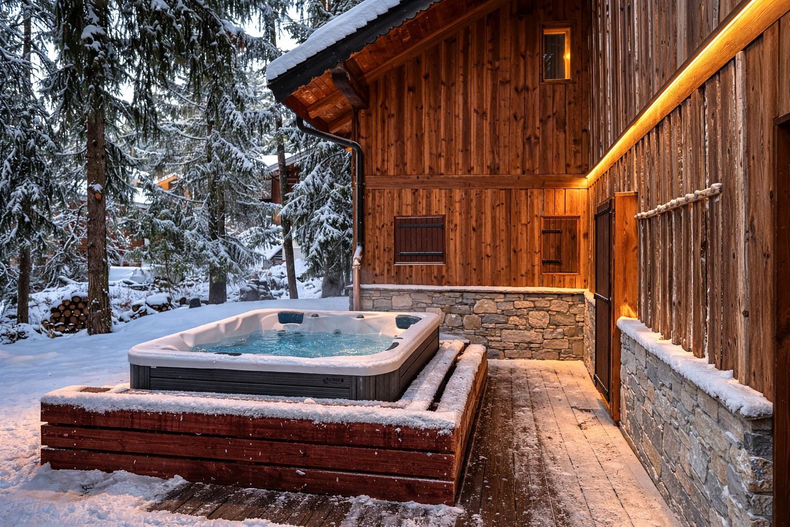 Jacuzzi extérieur du chalet Titania à Courchevel entouré de sapins enneigés
